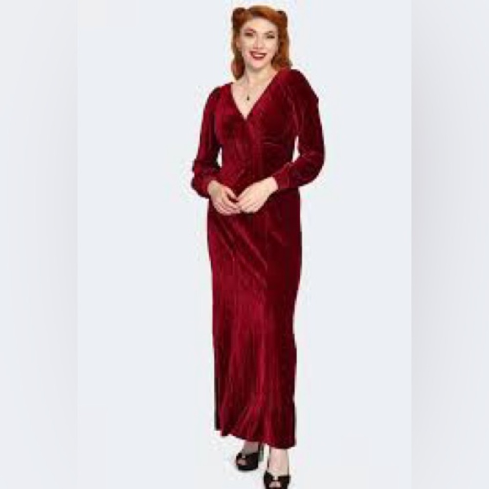 Voodoo Vixen Retro Red Velvet Edith Jewel Maxi Dress Gown, Sz L, 12 US